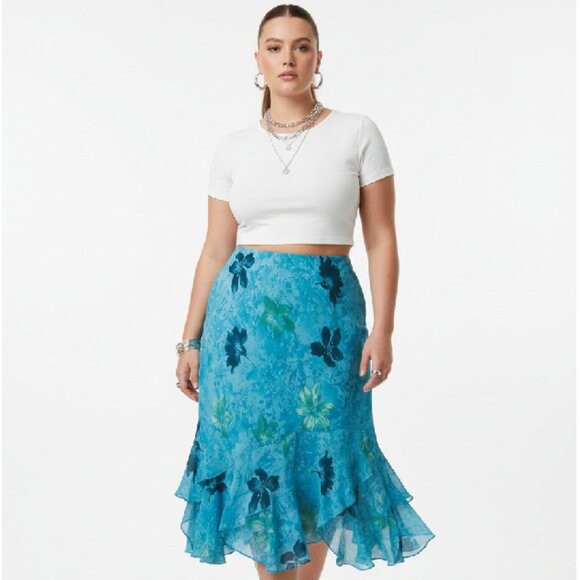 VINTAGE Y2K Fairy Floral Hawaii Tropical Ruffle Midi Skirt Blue and Green XL - Picture 11 of 11